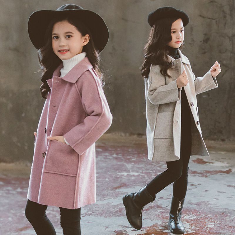 Girls Double Faced Trendy Long Tweed Coat