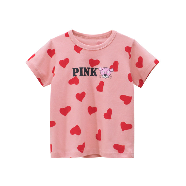 Girls Heart Print Short Sleeves T-shirt