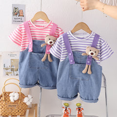 Girls Striped T-shirt with Denim Dungaree Set