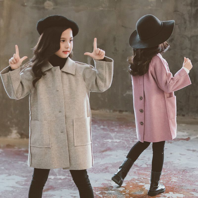 Girls Double Faced Trendy Long Tweed Coat