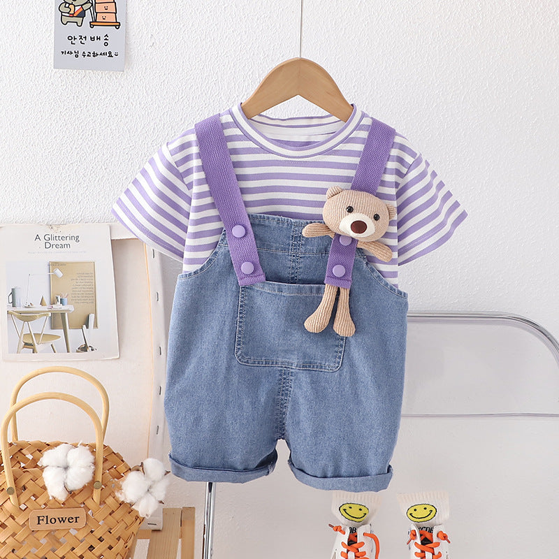 Girls Striped T-shirt with Denim Dungaree Set