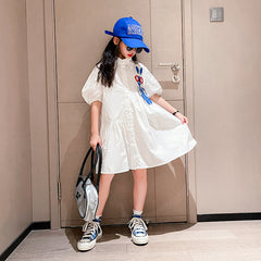 Girls White Puff Sleeves Flared Shirt Dress