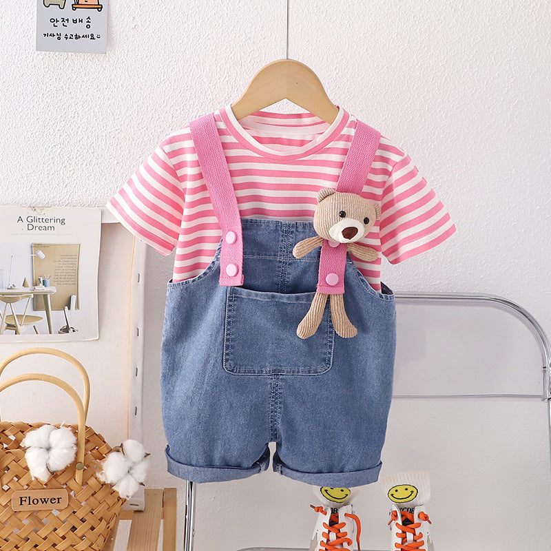 Girls Striped T-shirt with Denim Dungaree Set