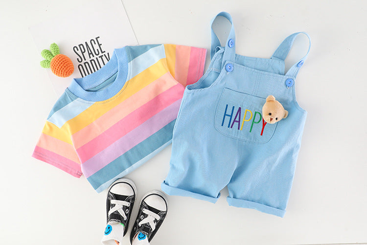 Boys Multi Color Stripe T-Shirt With Dungaree Set