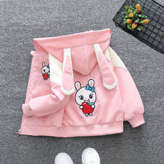 Girls Printed Front Open Bunny Hooded Jacket