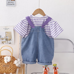 Girls Striped T-shirt with Denim Dungaree Set