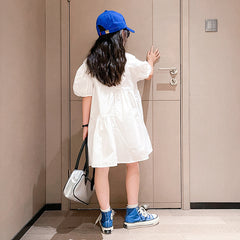 Girls White Puff Sleeves Flared Shirt Dress