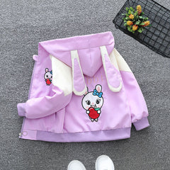 Girls Printed Front Open Bunny Hooded Jacket