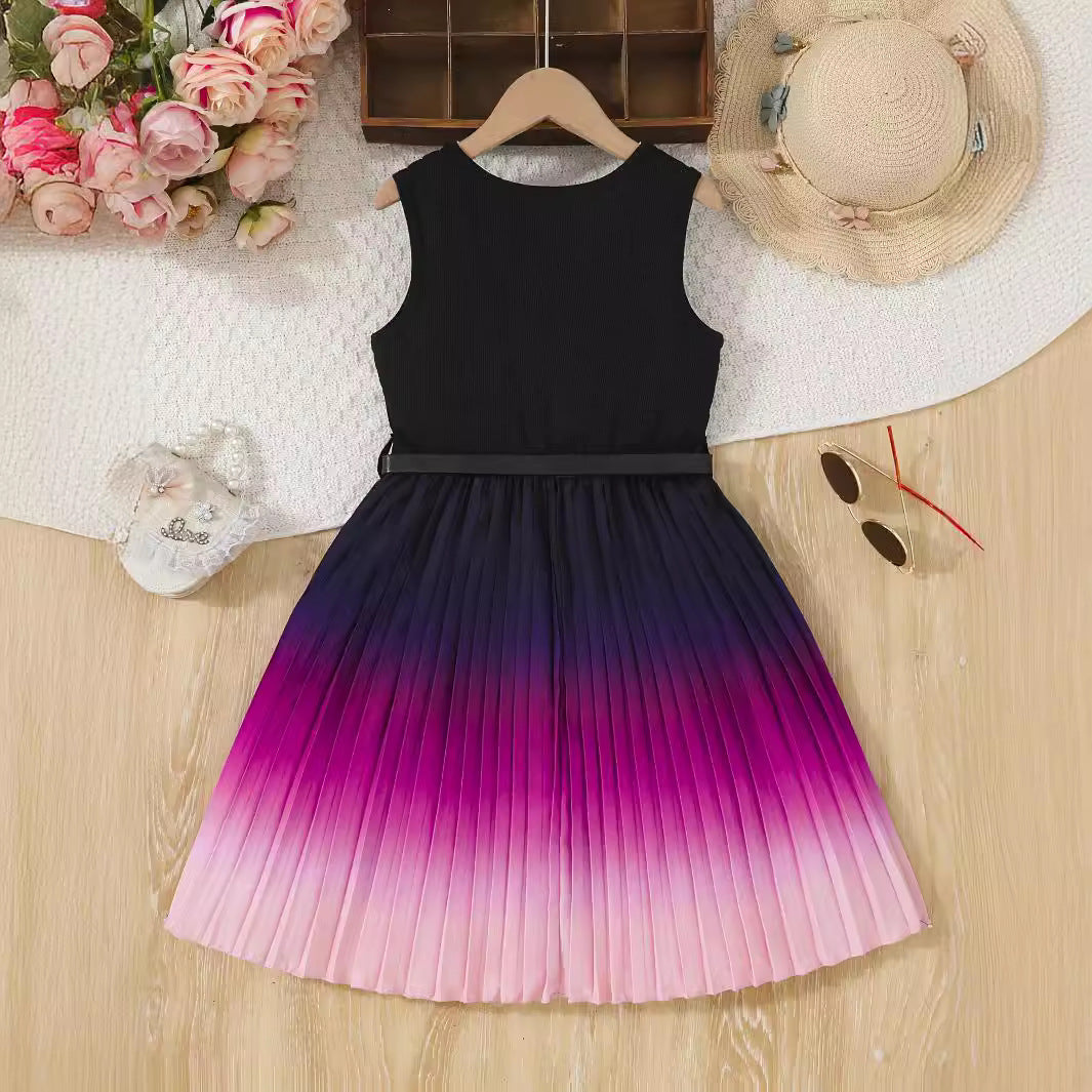 Girls Sleeveless Ombre Pleated Fit & Flare Dress