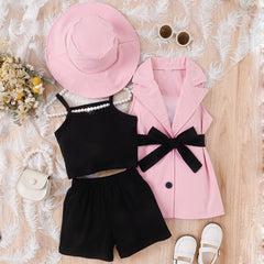 Fashion Camisole Vest Bottom Pants Lapel Sleeveless Suit Tie Hat Set