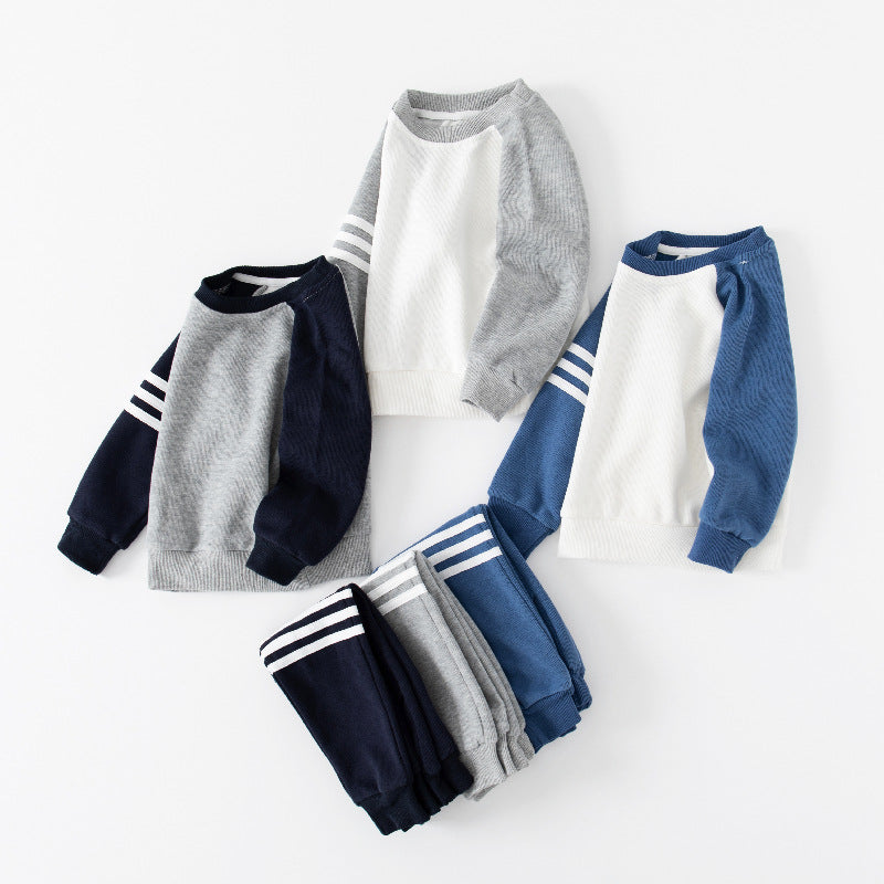 Boys' Sleeve Patchwork Bar Stripe Sweatshirt Two-Piece Set