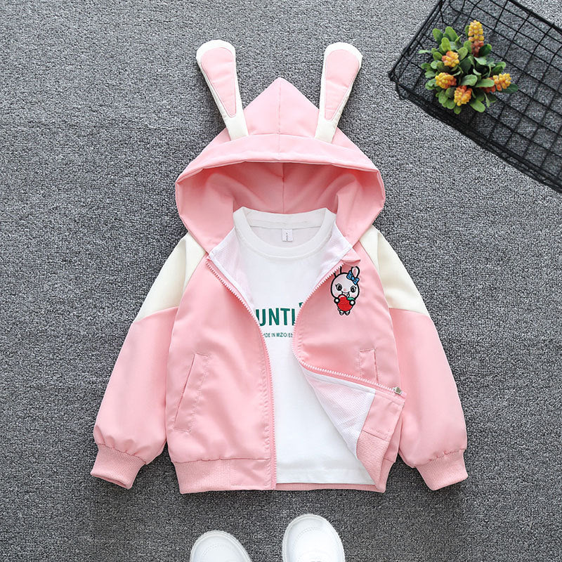 Girls Printed Front Open Bunny Hooded Jacket