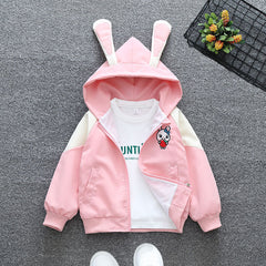 Girls Printed Front Open Bunny Hooded Jacket