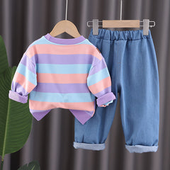 Girls Striped Sling Bag Sweatshirt With Denim Jeans Set