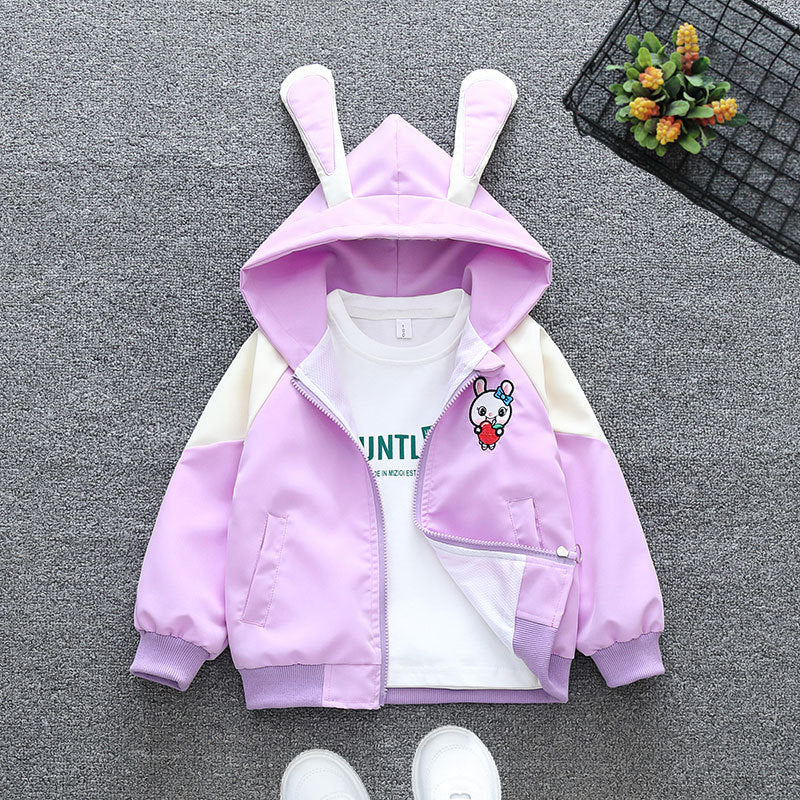 Girls Printed Front Open Bunny Hooded Jacket