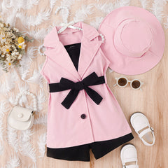 Fashion Camisole Vest Bottom Pants Lapel Sleeveless Suit Tie Hat Set