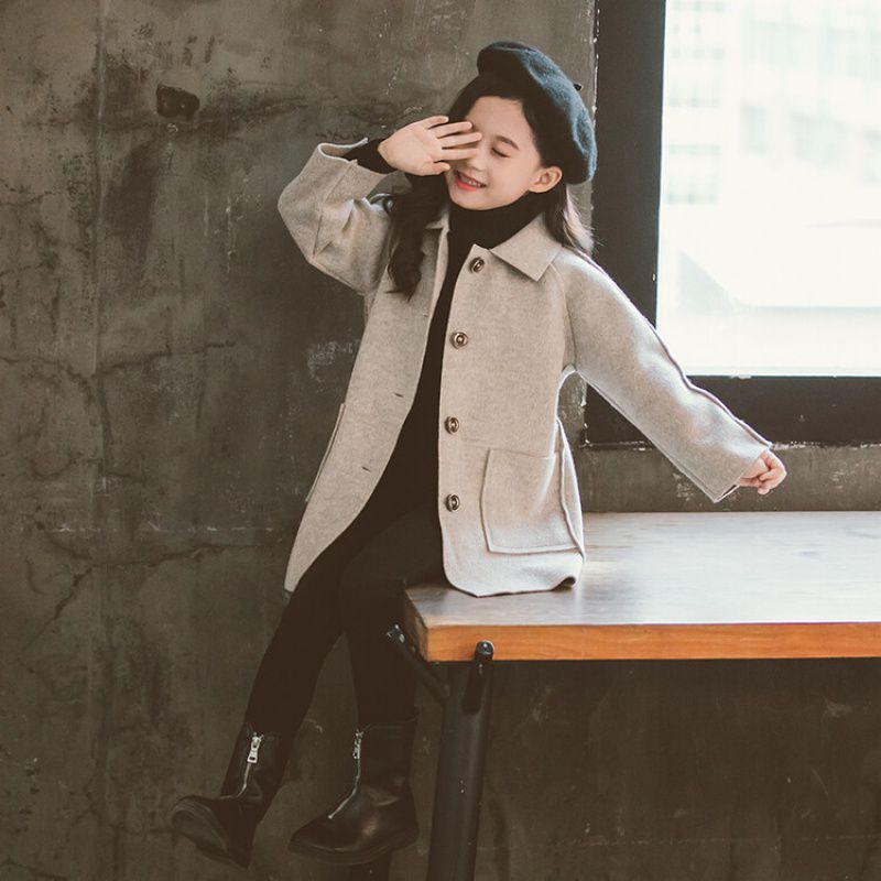 Girls Double Faced Trendy Long Tweed Coat