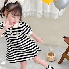 Black and White Striped Knit Polo Dress