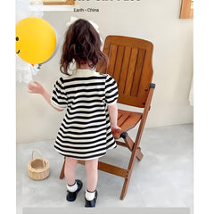 Black and White Striped Knit Polo Dress