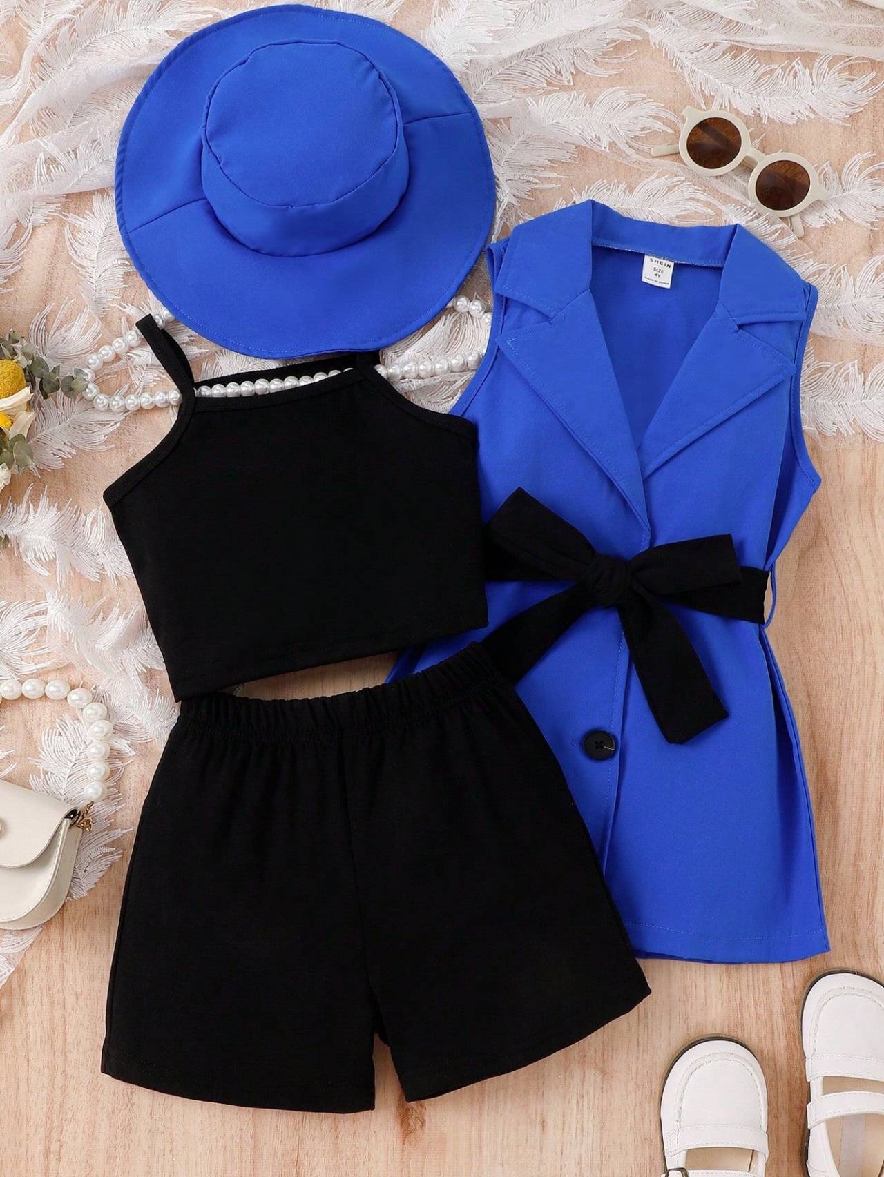 Fashion Camisole Vest Bottom Pants Lapel Sleeveless Suit Tie Hat Set