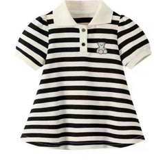 Black and White Striped Knit Polo Dress