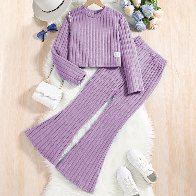 Fall and Winter Pit Stripe Long Sleeve Top Flared Pants Casual Suit