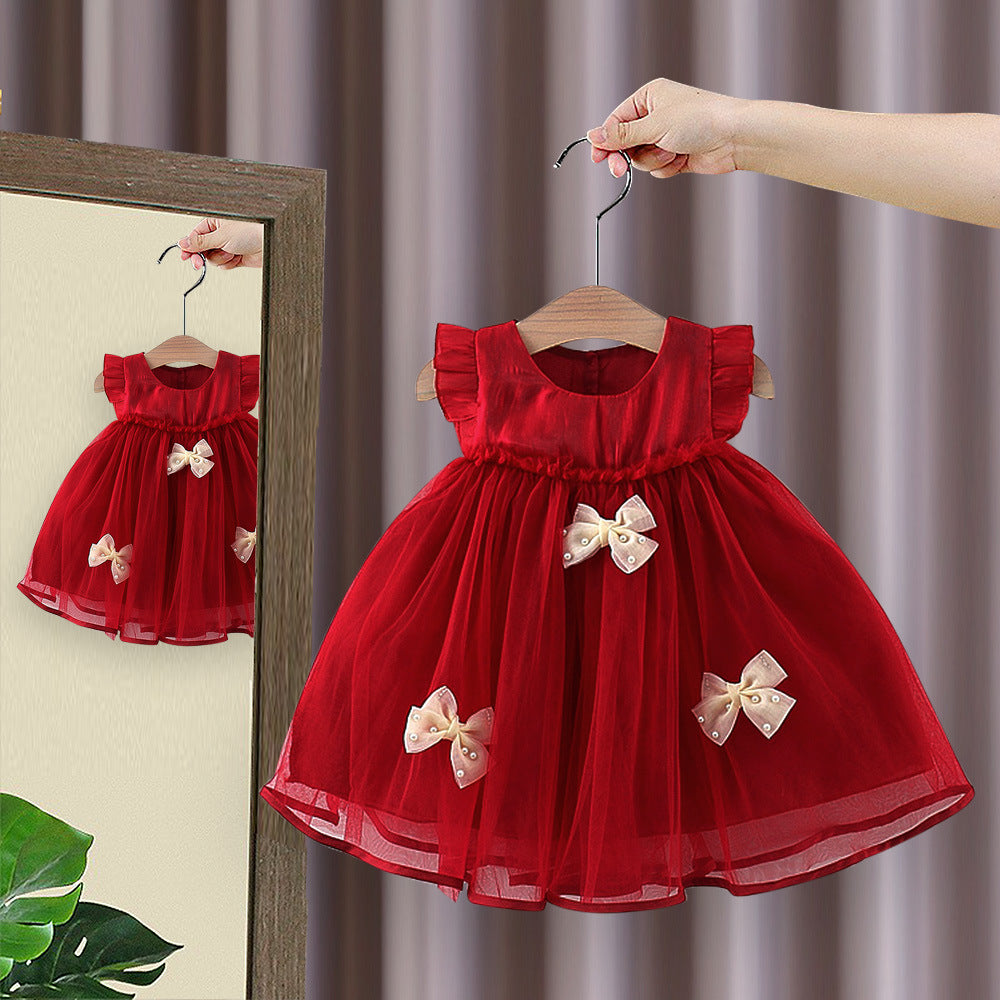 Girls Tulle Overlay Empire Line Party Dress with Bows