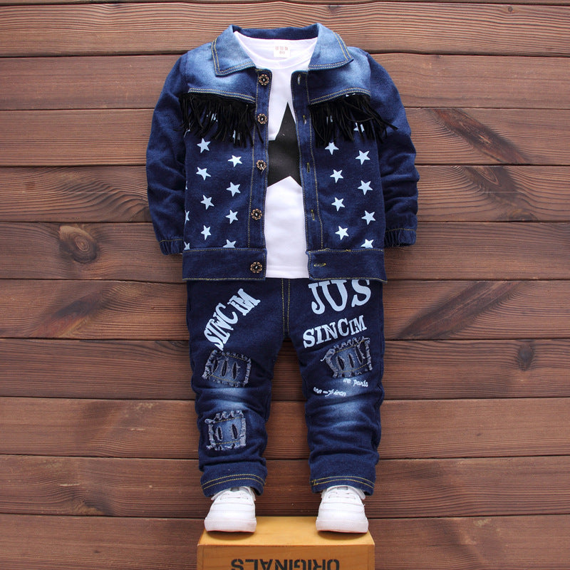 Boys Denim Jacket With Graphic T-Shirt & Trouser Set