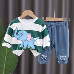 Boys Elephant Graphic Sweatshirt With Denim Pants Set