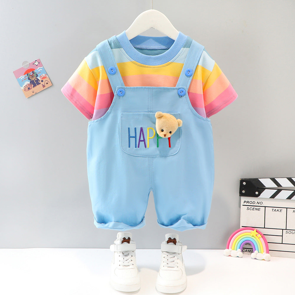 Boys Multi Color Stripe T-Shirt With Dungaree Set