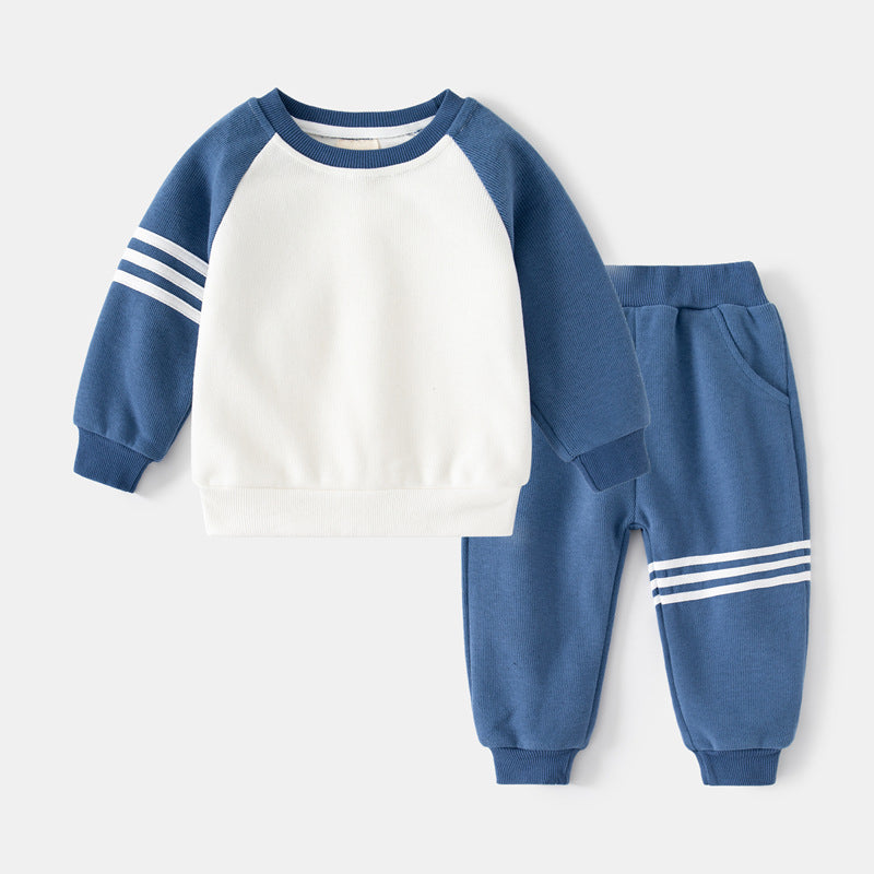 Boys' Sleeve Patchwork Bar Stripe Sweatshirt Two-Piece Set