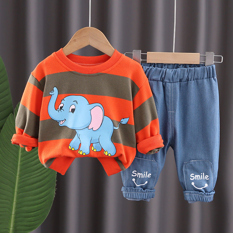 Boys Elephant Graphic Sweatshirt With Denim Pants Set