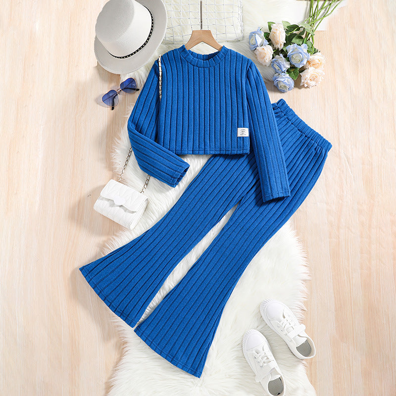 Fall and Winter Pit Stripe Long Sleeve Top Flared Pants Casual Suit