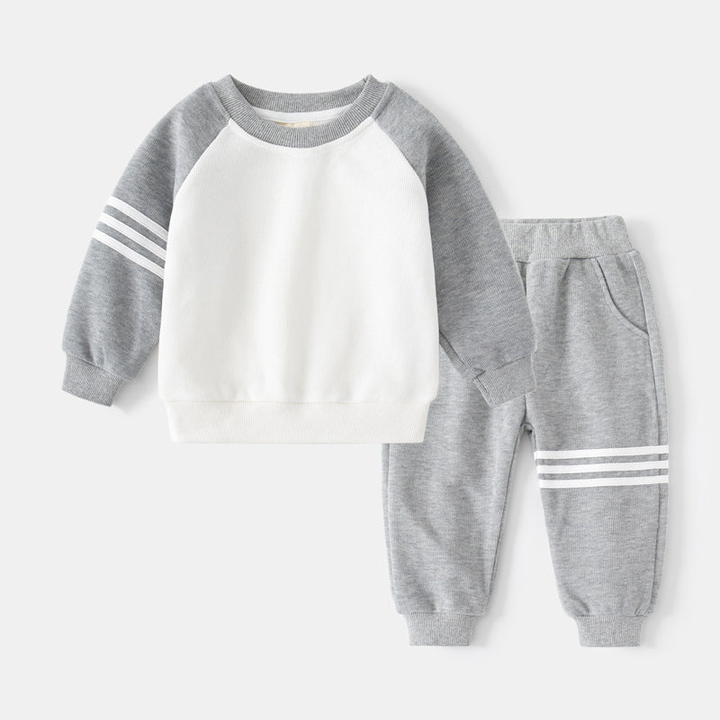 Boys' Sleeve Patchwork Bar Stripe Sweatshirt Two-Piece Set