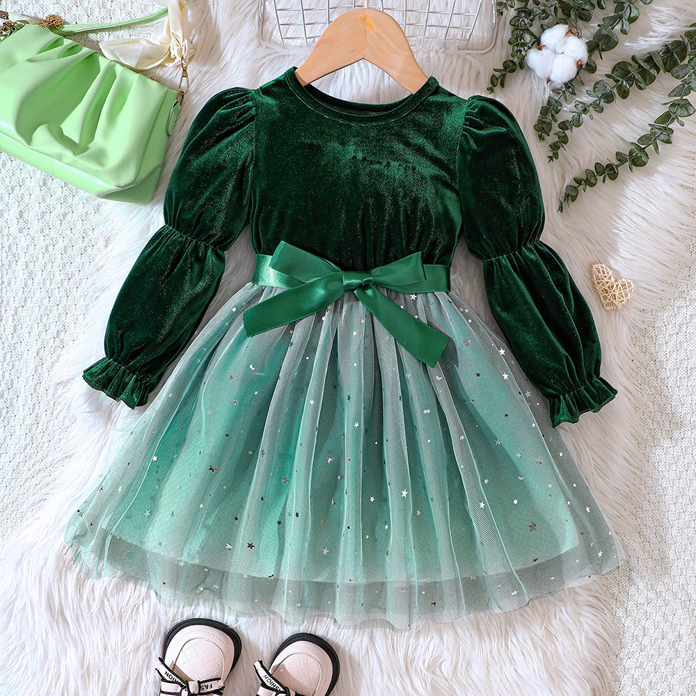 Girls Fall and Winter Velvet Gradient Mesh Princess Dresses