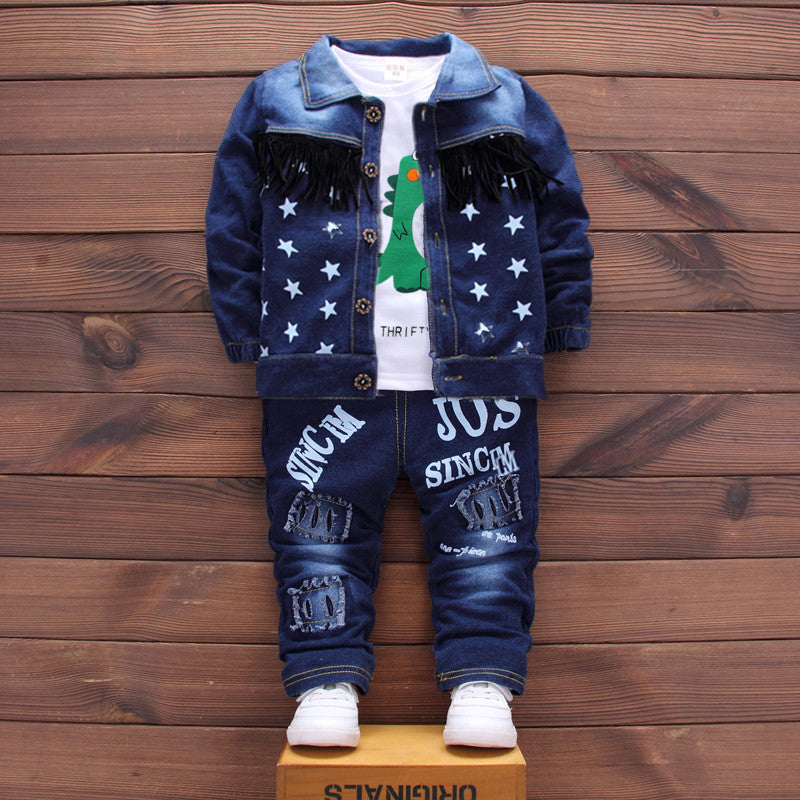 Boys Denim Jacket With Graphic T-Shirt & Trouser Set