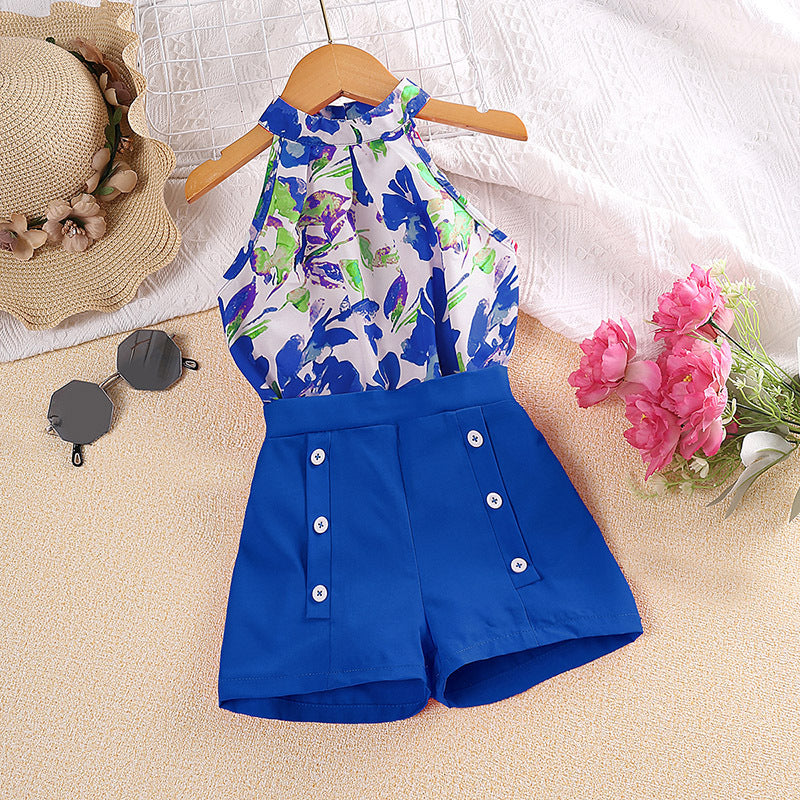 Girls Printed Halter Neck with Solid Shorts Set