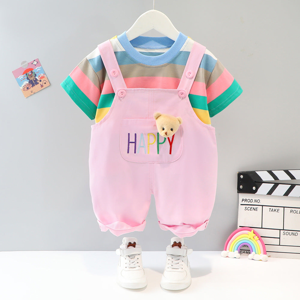 Boys Multi Color Stripe T-Shirt With Dungaree Set