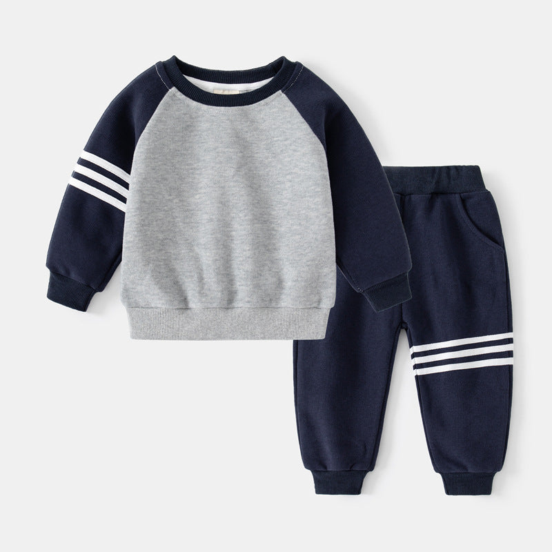 Boys' Sleeve Patchwork Bar Stripe Sweatshirt Two-Piece Set