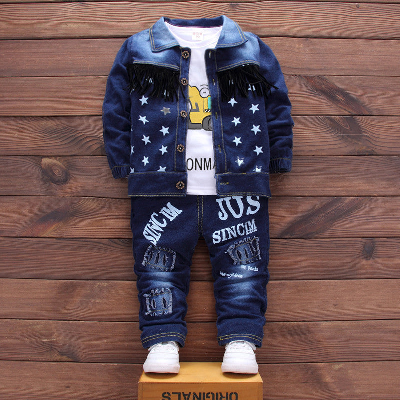 Boys Denim Jacket With Graphic T-Shirt & Trouser Set