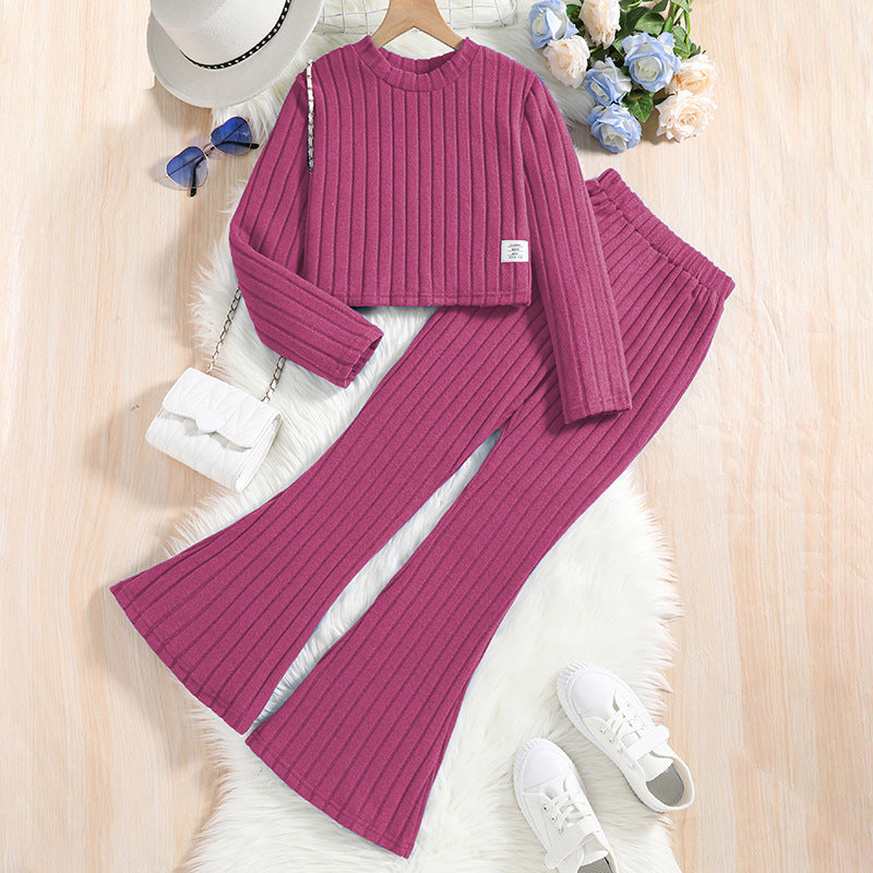 Fall and Winter Pit Stripe Long Sleeve Top Flared Pants Casual Suit