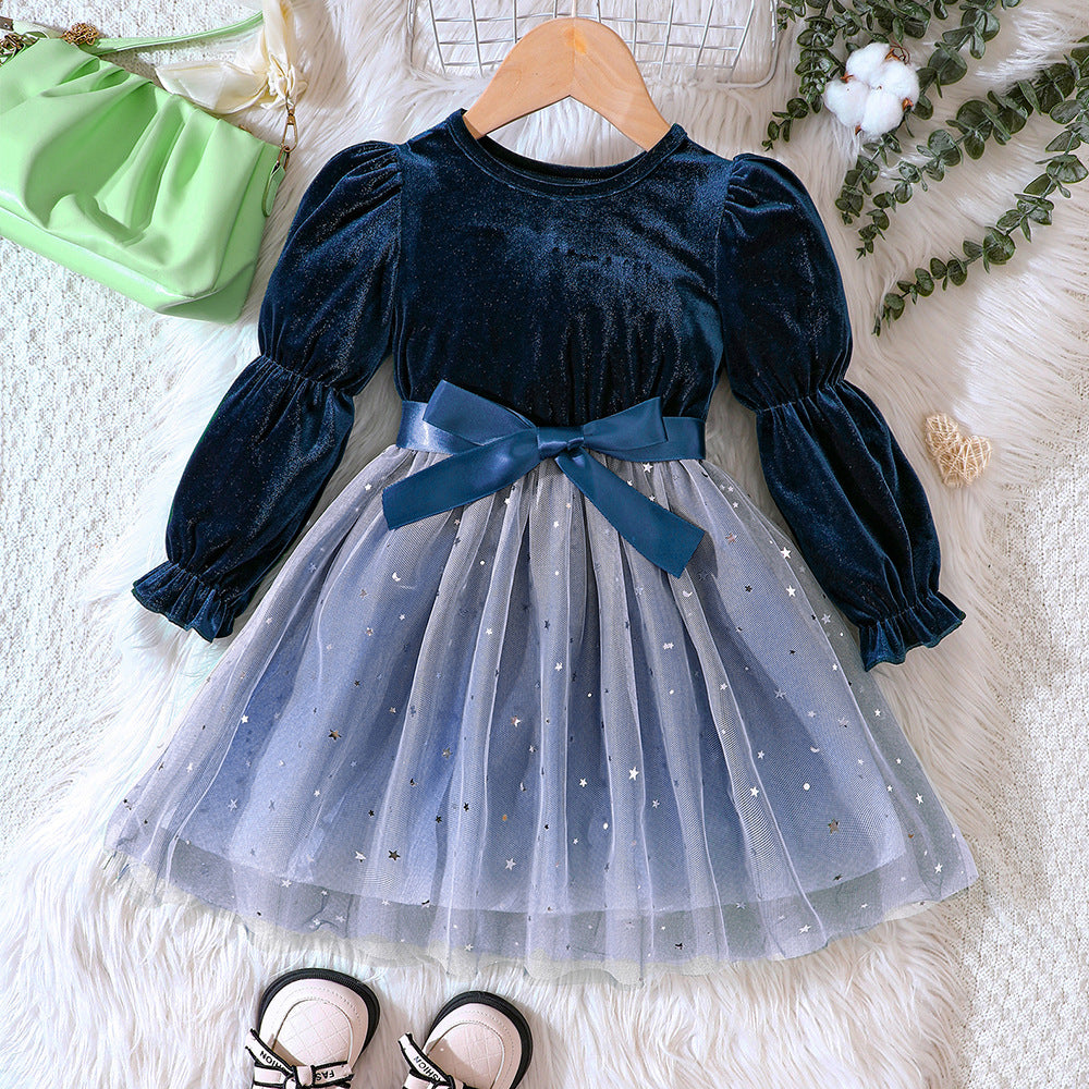 Girls Fall and Winter Velvet Gradient Mesh Princess Dresses