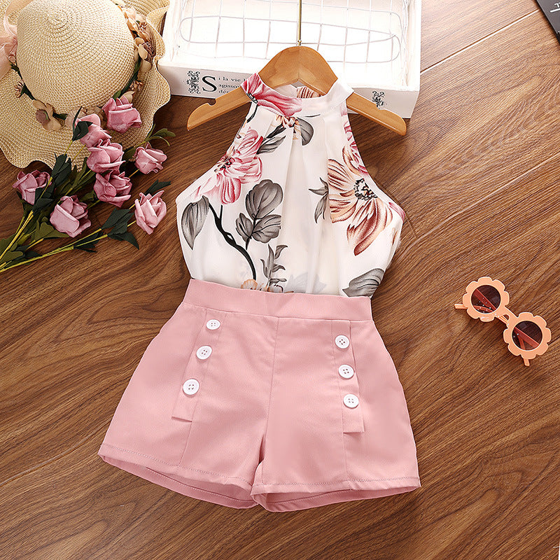 Girls Printed Halter Neck with Solid Shorts Set