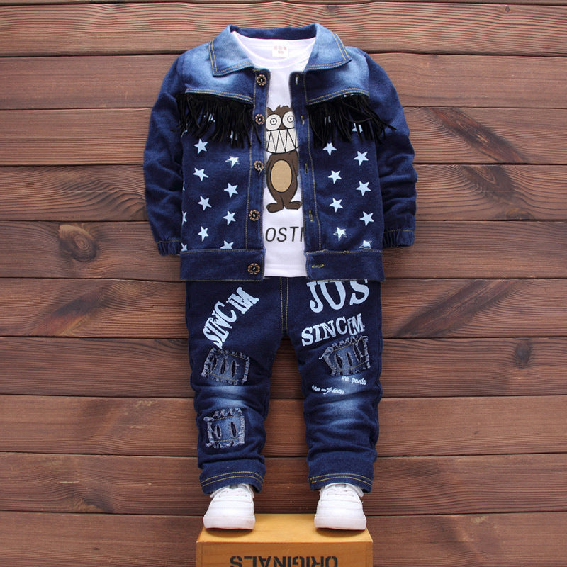 Boys Denim Jacket With Graphic T-Shirt & Trouser Set