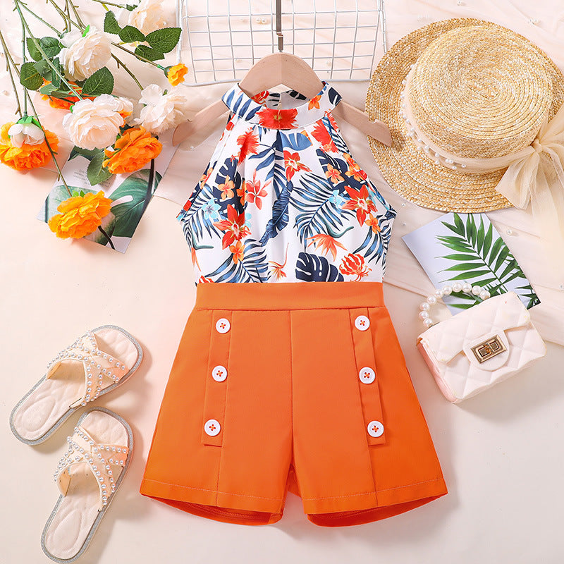 Girls Printed Halter Neck with Solid Shorts Set