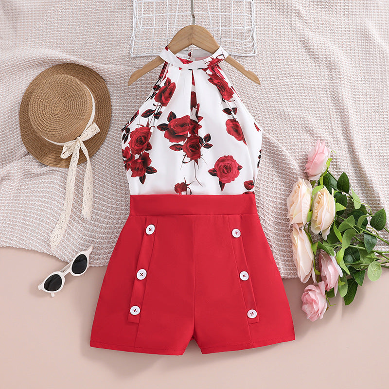 Girls Printed Halter Neck with Solid Shorts Set